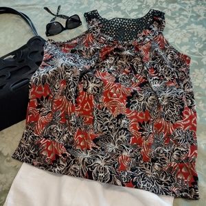Vintage 80's Judith XL Black Red Lace Back Shoulders Blouson Top